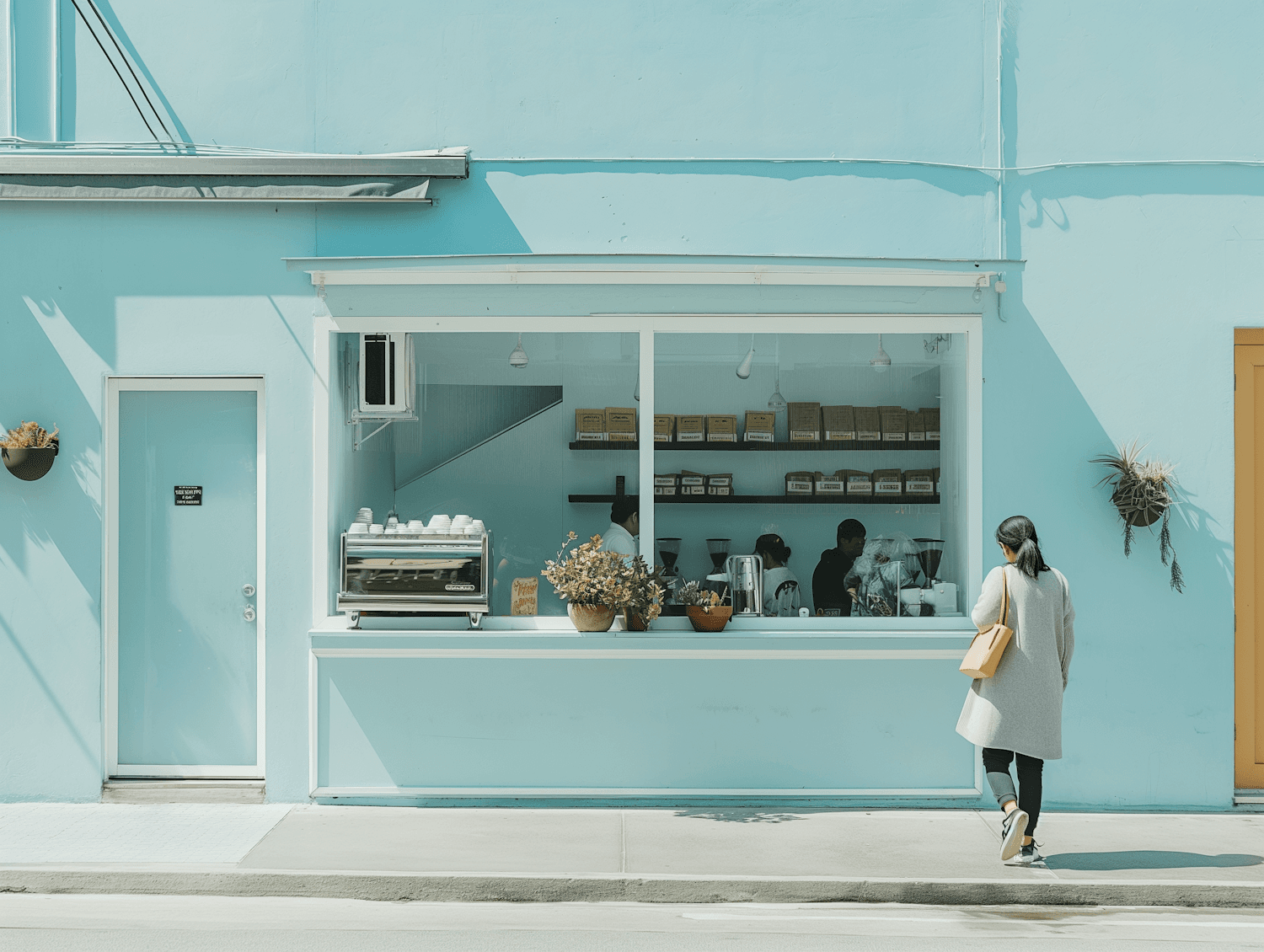The storefront of a small independent coffee shop with a large window onto the street.